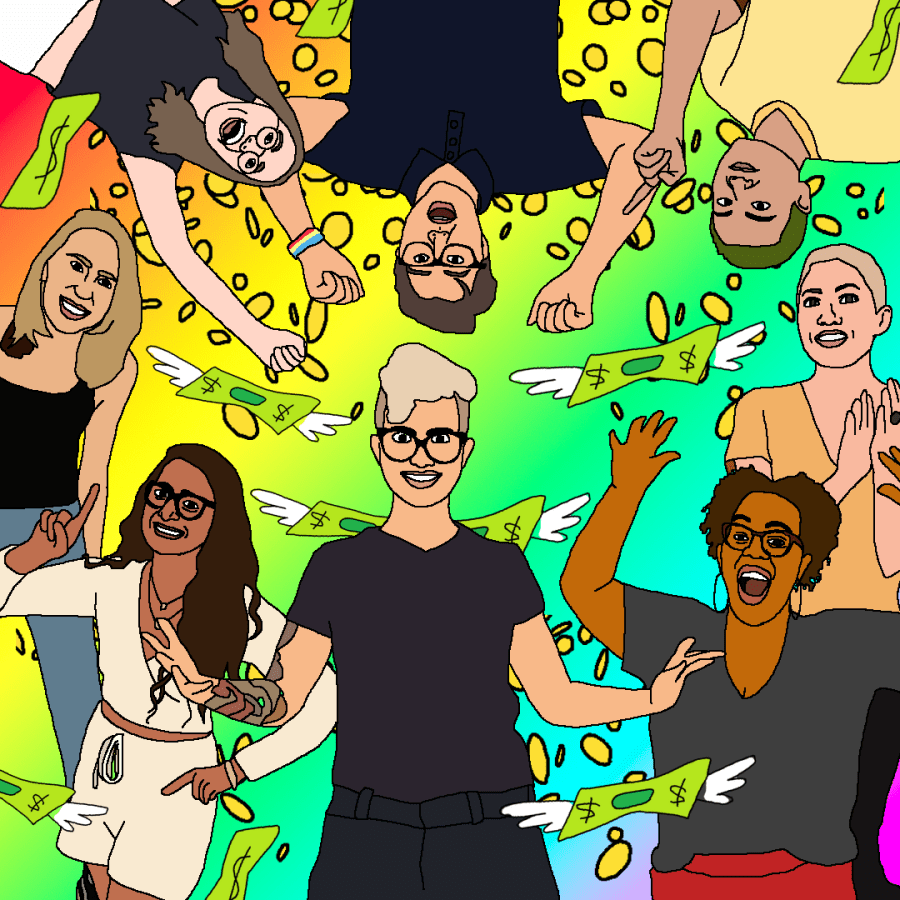 the whole senior team in a goofy MS paint style. We have Kayla, Nico, Carmen, Laneia, Viv, Heather, Anya, and Riese all cheering exuberantly and clapping for joy against a rainbow backdrop with money falling down