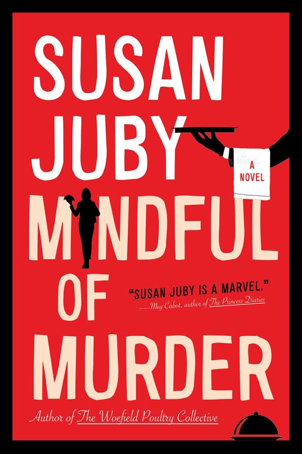 the cover of mindful of murder features a waiter's arm sticking off the side and a person in the back in sillhouette. the cover is one big block of red.