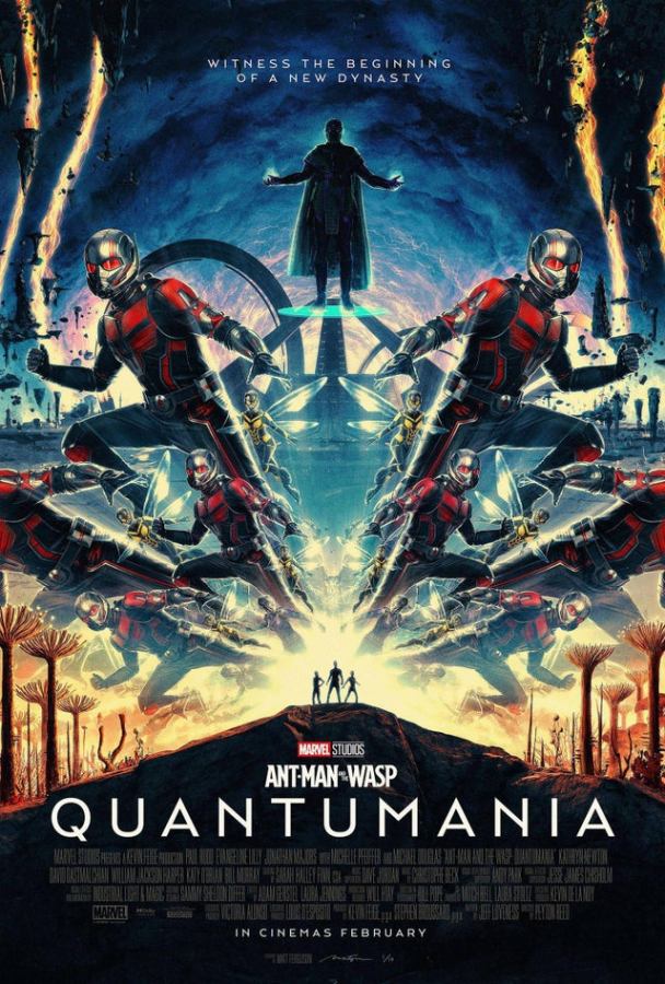the cover of quantumania shows a bunch of people in super hero suits zooming around