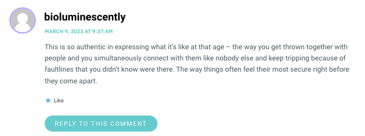 This is so authentic in expressing what it’s like at that age – the way you get thrown together with people and you simultaneously connect with them like nobody else and keep tripping because of faultlines that you didn’t know were there. The way things often feel their most secure right before they come apart.