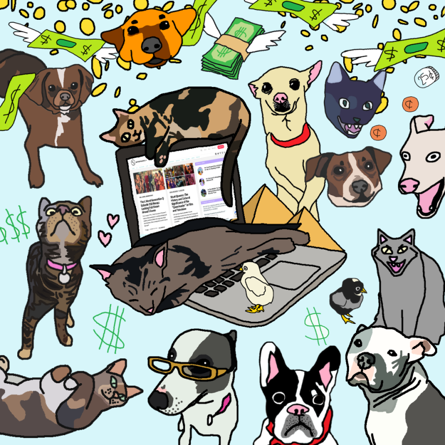 all of the autostraddle animals in an MS paint style against a blue background. we have carol the dog, heather's cats, lola the french bulldog, a cat sleeping on a comouter, and more! there is also illustrated money falling from the top