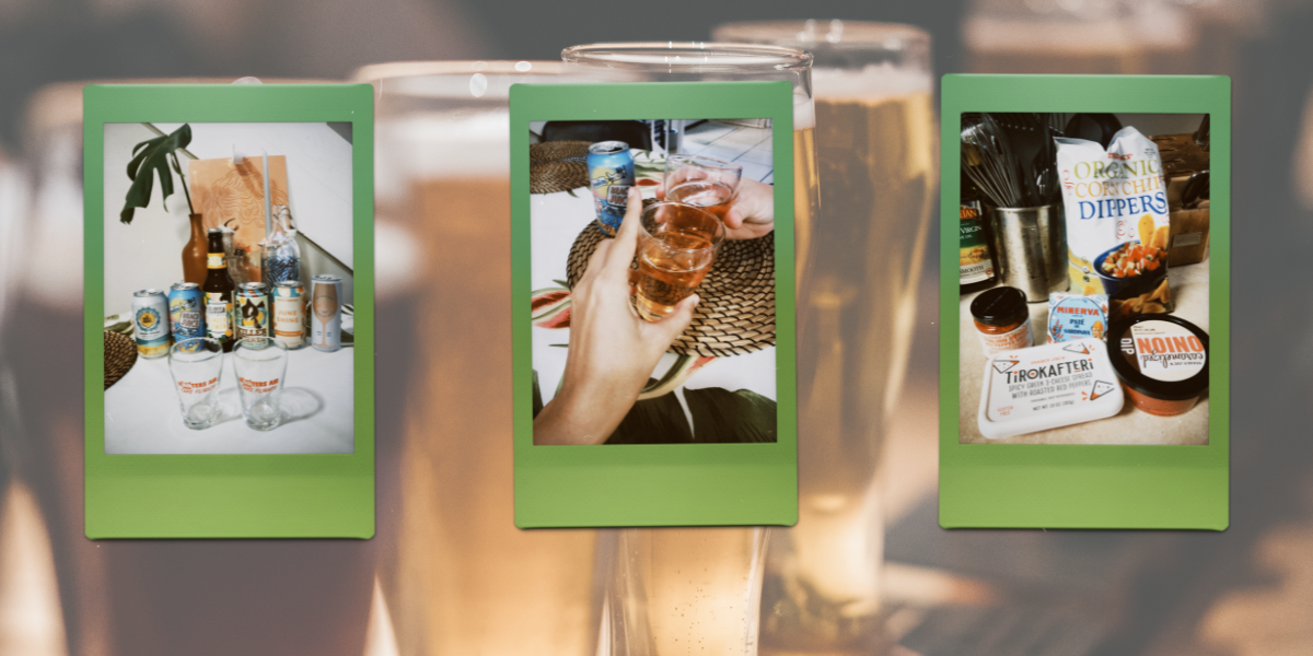 photo 1: a lineup of five drinks in cans and 1 in a bottle. photo 2: two hands clink glasses of sparkling rosé together. photo 3: snacks, including corn chips, caramelized onion dip, spicy cheese dip, and a tin of seafood pate