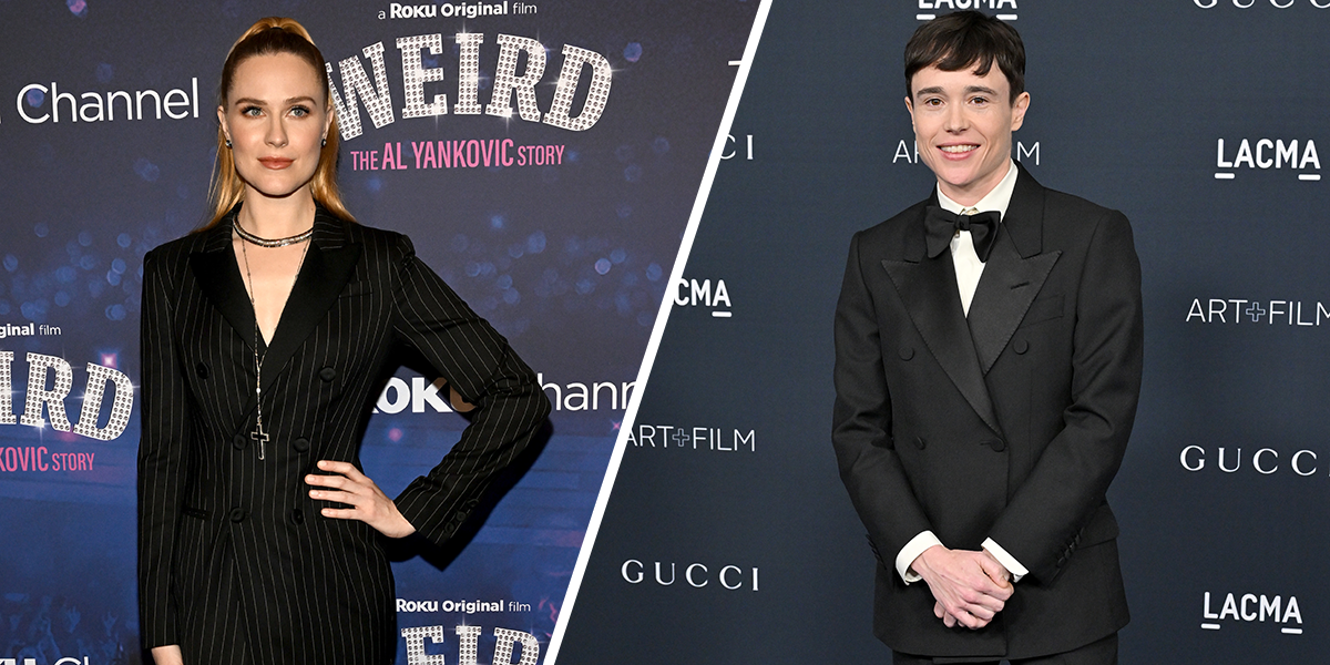 Evan Rachel Wood and Elliot Page, each on the red carpet in black suits