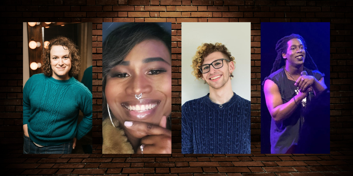 Four photos of comedians with a brick wall in the background.