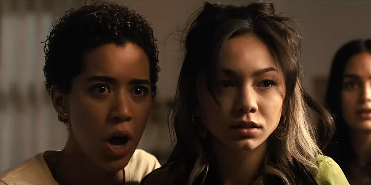 Jasmin Savoy Brown and Devyn Nekoda standing close and looking stunned in Scream VI