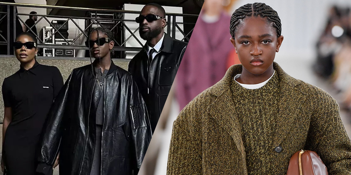 Gabrielle Union and Dwayne Wade with their daughter, Zaya, all in black leather and sunglasses at Paris Fashion Week.