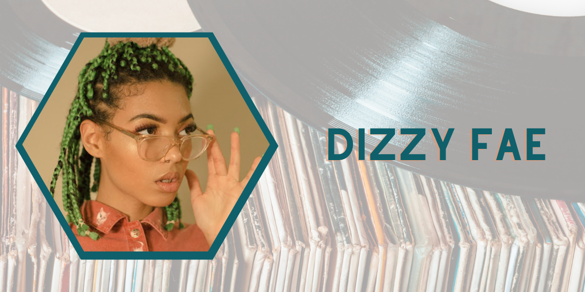 A photo of Black R&B artist Dizzy Fae inside a hexagon shape with Vinyl records in the background.