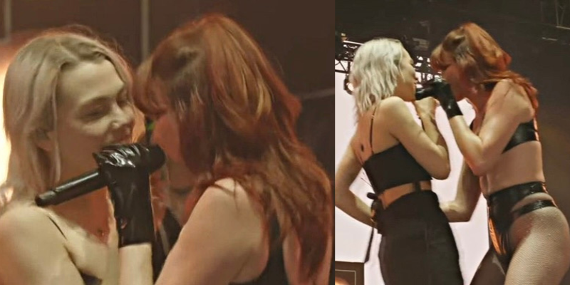 A collage of two side-by-side photos of the leads of Muna and Boygenius dancing incredibly close together at Coachella 2023 onstage.