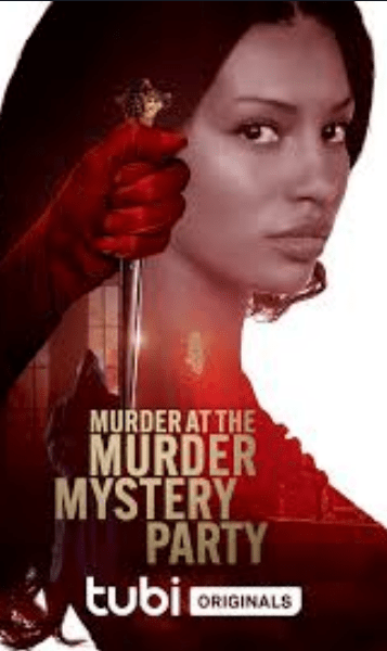 the cover of murder at the murder mystery party shows a hand with a knife and a large image of a woman