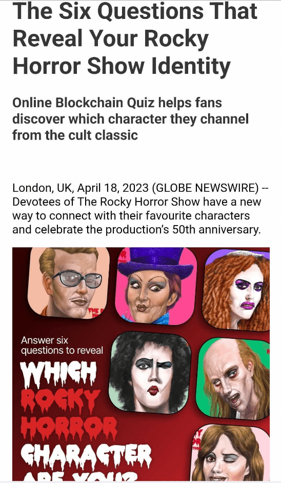 The Six Questions That Reveal Your Rocky Horror Show Identity. Onlin Blockchain Quiz helps fans discover which character they channel from the cult classic. London, UK 18, 2023 Devotees of the rocky horror show have a new way to connect with their favourite characters and celebrate the production's 50th anniversary.