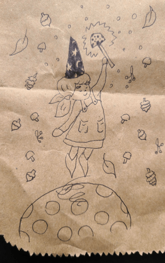 a drawing of a gnome magician. this person has pigtails and is wearing a little outfit with a jumper over longsleeved dress and little footies and is hovering over a giant mushroom cap holding a wand made out of a spotted mushroom aloft. magic emanates from the wand and little leaves and acorns, pinecones and berries and mushrooms float around them. they are wearing a moon and star hat.