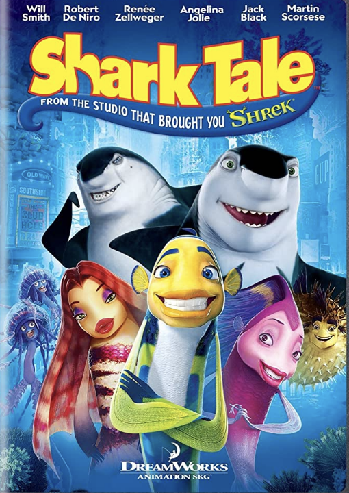 the cov er of shark tale shows various cartoon fish