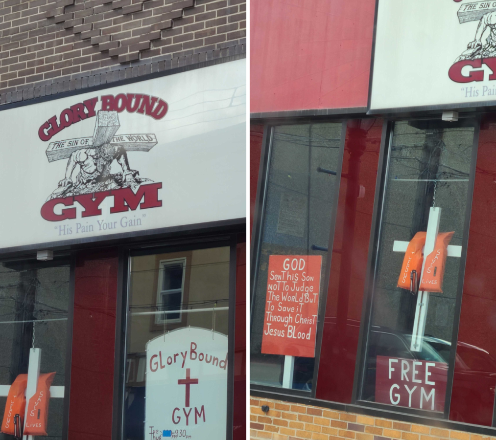 two photos taking by Nico while driving. on the left, you see the sign for a gym. it is called "Glory Bound Gym" There is an absolutely ripped Jesus figure with a cross balanced on his back doing a push up. The tag line is "His Pain Your Gain" In the second photo, there is an image of a cross with a life preserver on it. There is also a sign that says "God sent his son not to judge the world but to save it through christ jesus blood."