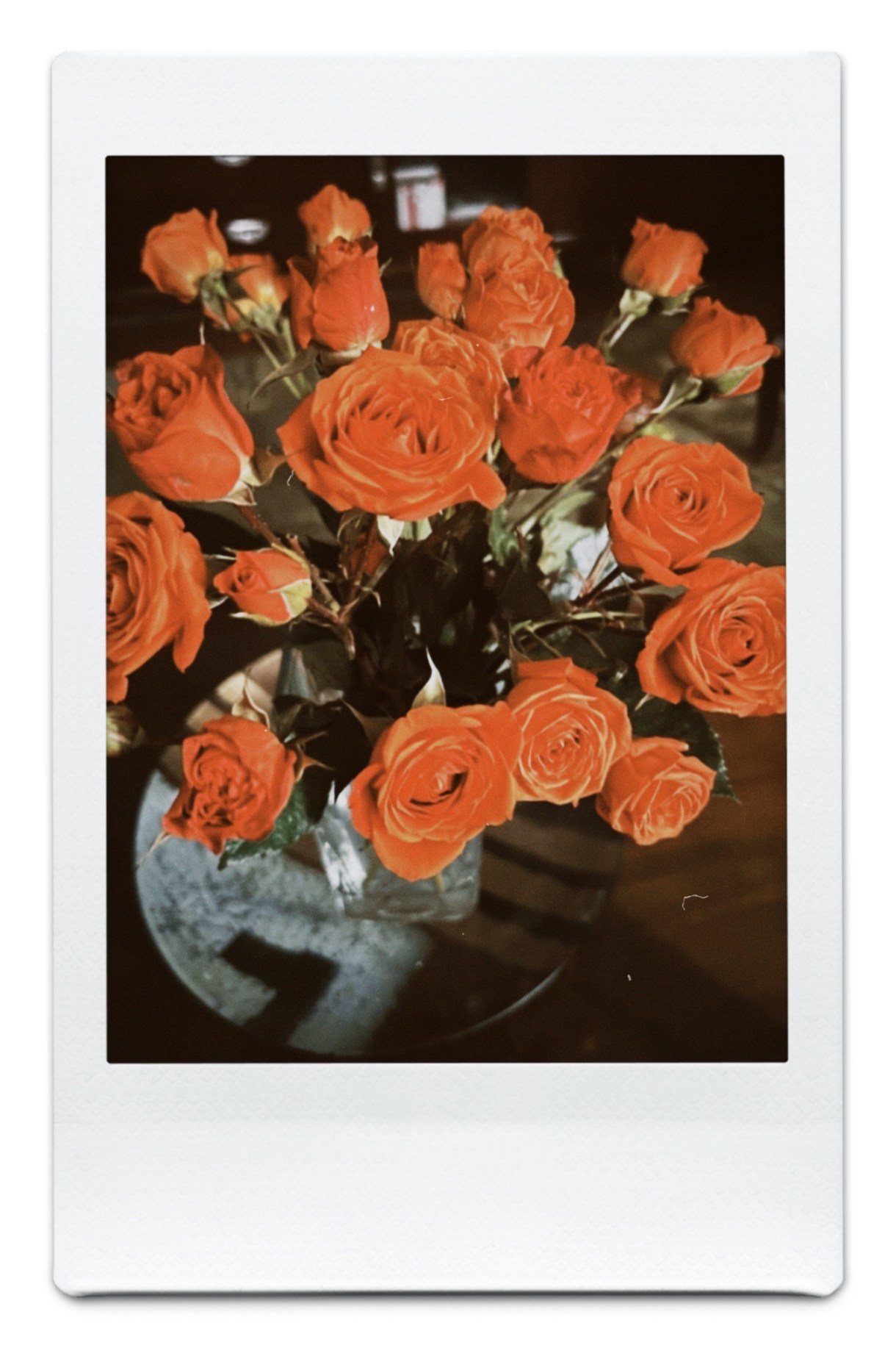 A polaroid of a small bouquet of red roses on a glass table top.