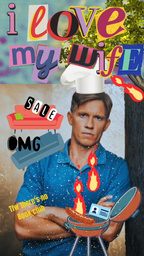 Jeff from Yellowjackets leaning and collaged with the words I LOVE MY WIFE, a sofa for sale, a bbq with an ID in it, and the word OMG.
