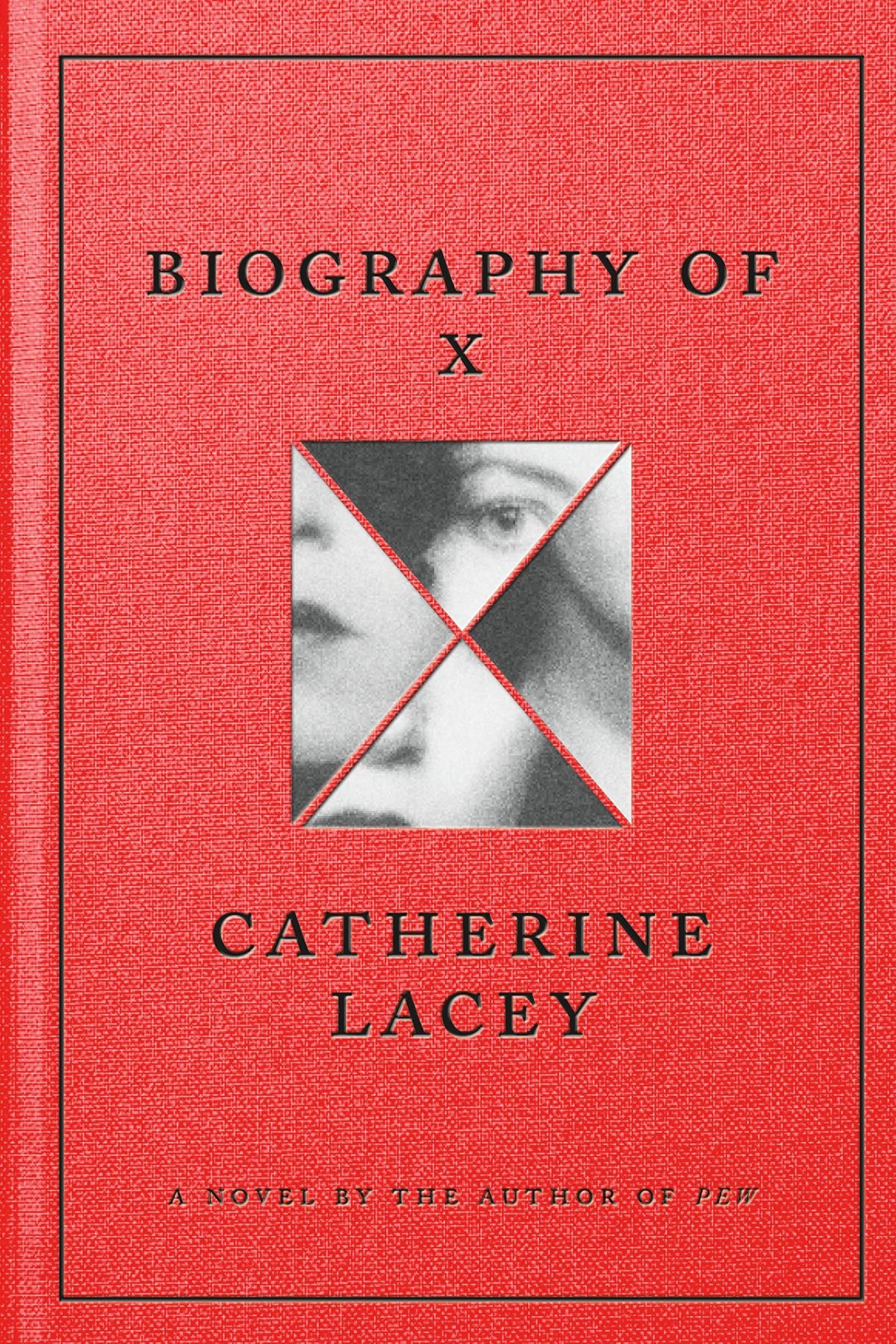 cover of biography of x is red with a women's face cut up four ways and rearranged in a square