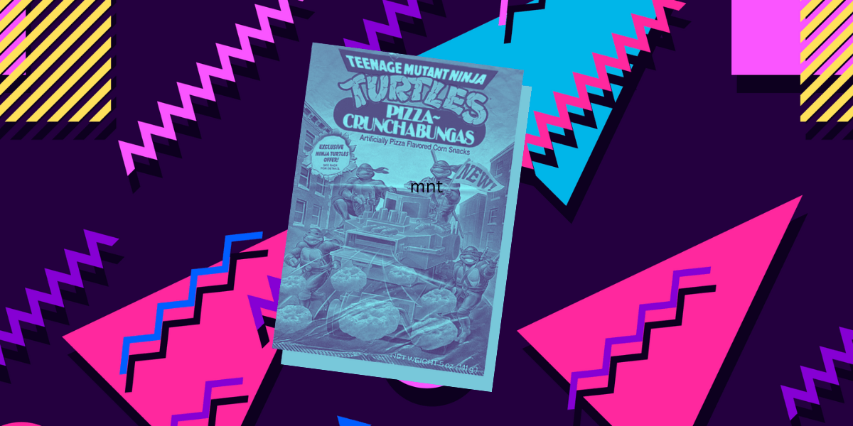 A package of TMNT Pizza Crunchabungas with a blue overlay, set against a 90s background of vivid color shapes.