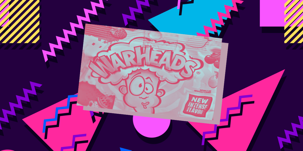 A package of Warheads with a pink overlay, set against a 90s background of vivid color shapes.