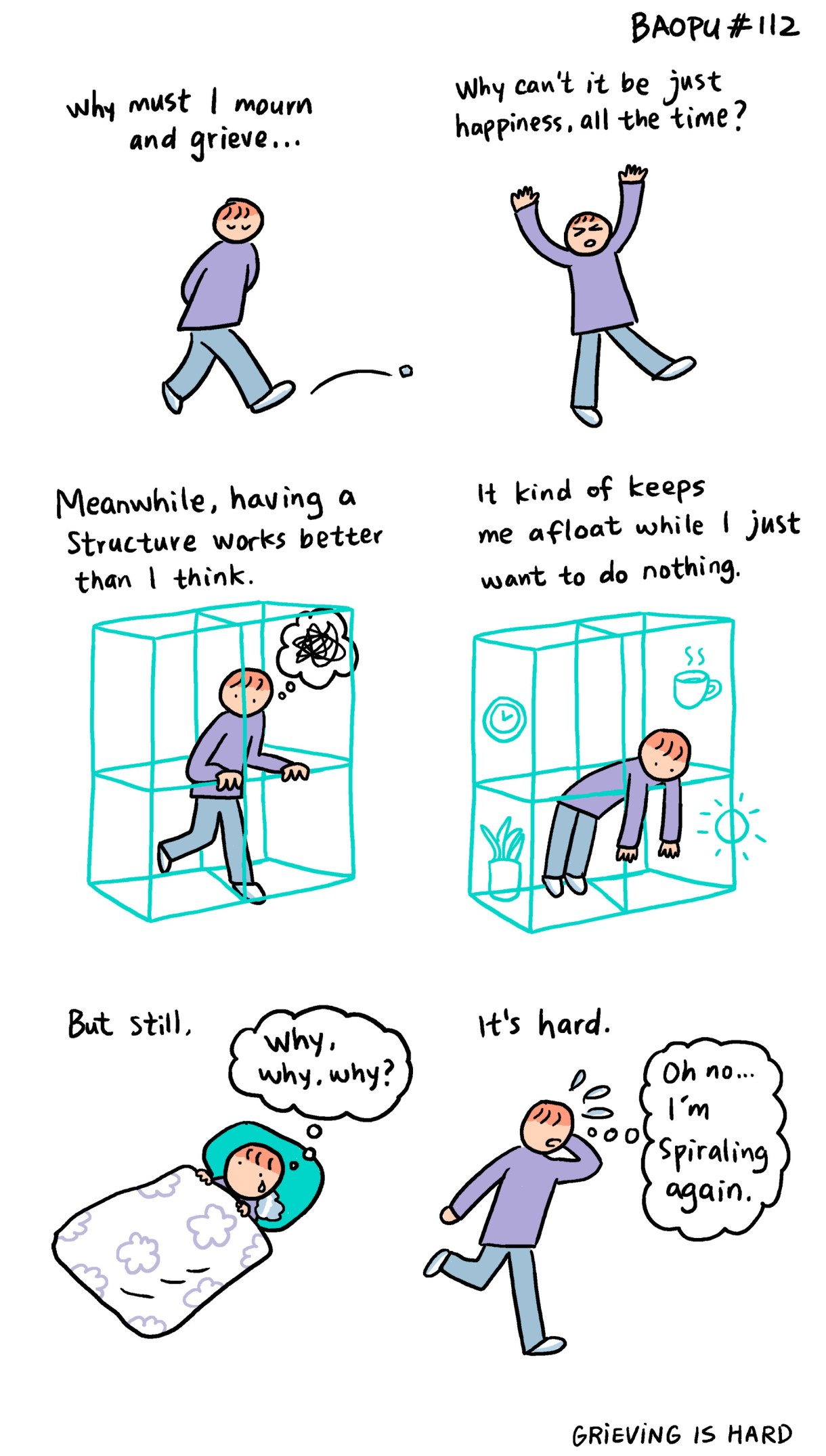 The text of the comic (which features Baopu, an Asian queer person with red hair, walking around in an invisible blue cage, reads as follows: Why must I mourn and grieve... Why can't it be just happiness, all the time? happiness, all the time? Meanwhile, having a Structure works better than I think It kind of keeps me afloat while I just want to do nothing. But still, It's hard. Why why, why? Oh no. Spiraling again. GRiEVING IS HARD 