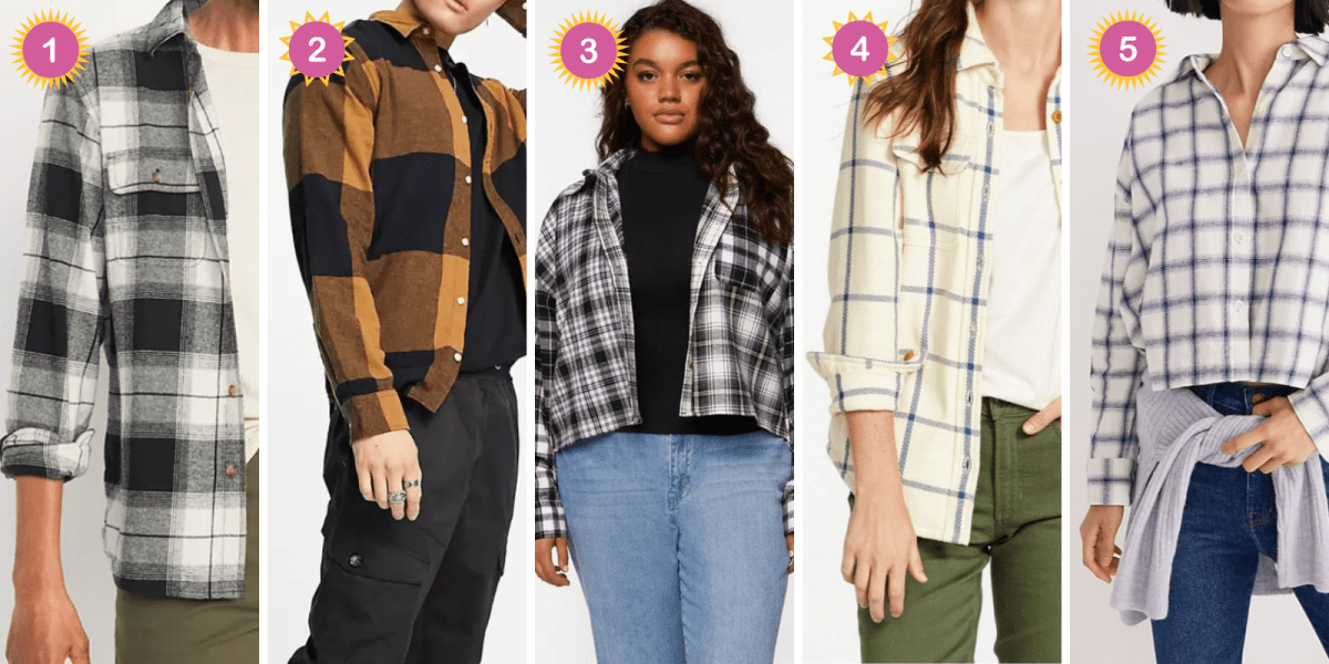 a black and white flannel, a black and orange flannel, a boxy fit mixed flannel in black and white, a cream flannel with blue stripes, and a windowpane blue and white cropped flannel