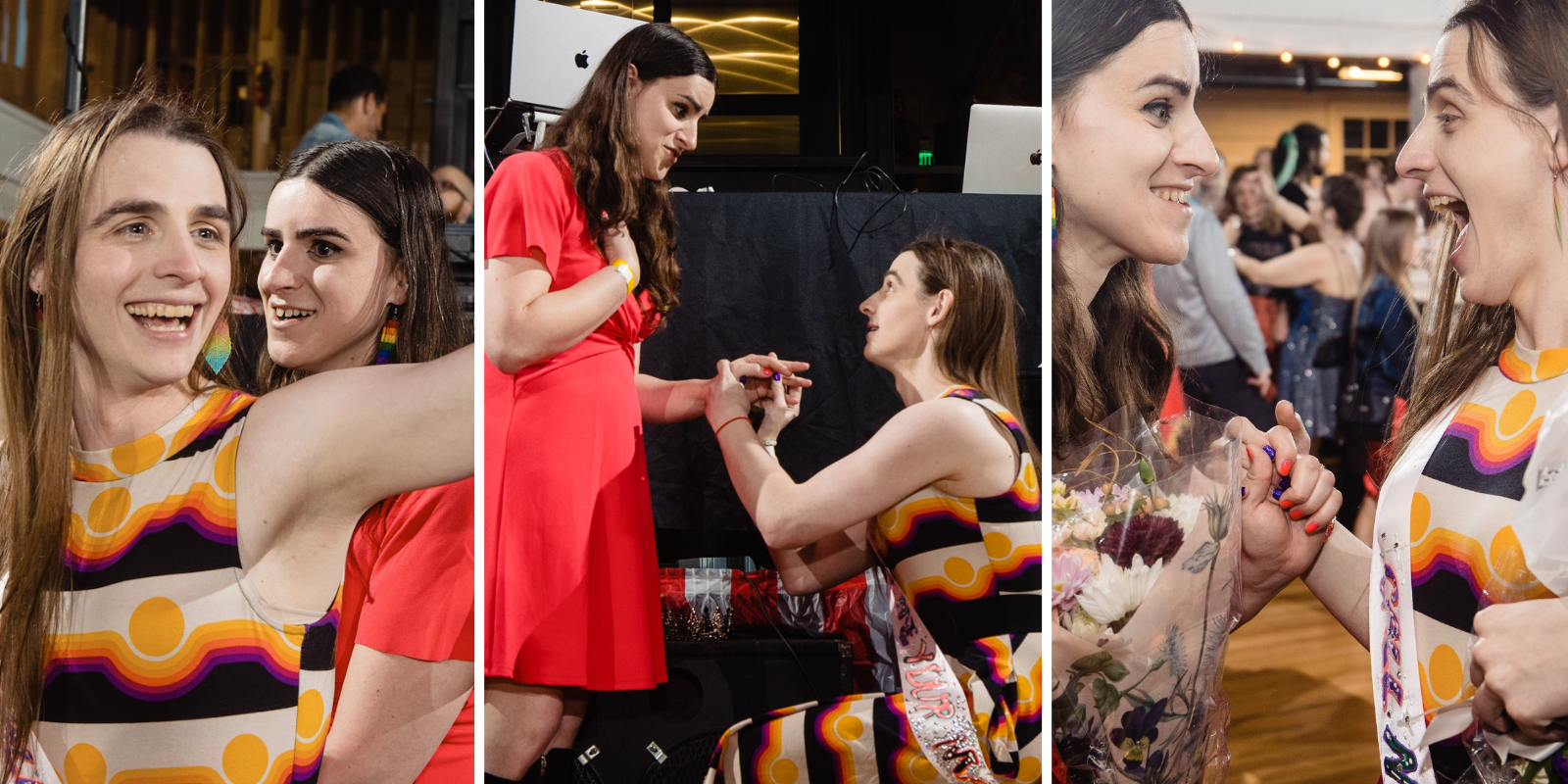 Representative Zooey Zephyr from Montana proposes to her girlfriend Erin Reed, Zephyr is in a orange and black patterned dress and Reed in in a short red dress. Both are white women with brunette hair.