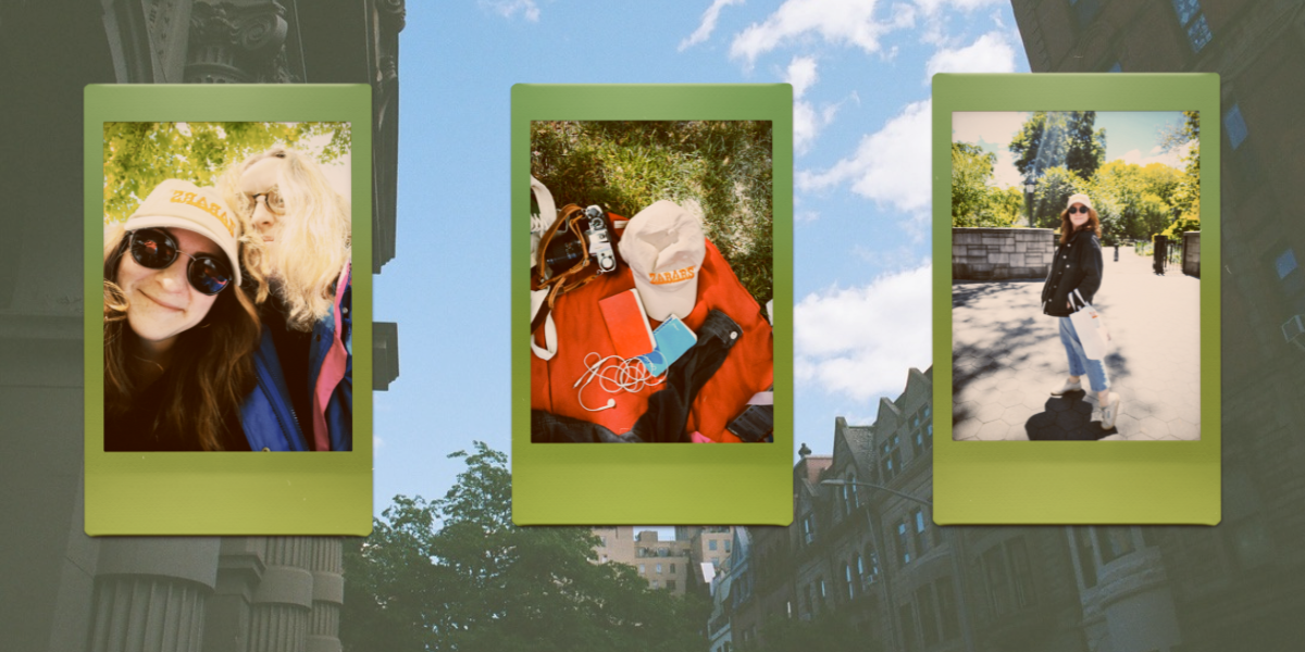 Jess and Anya take a selfie in central park, a spread on a picnic blanket of notebooks, headphones, a camera, and a hat. Jess posing in a Zabar's hat.