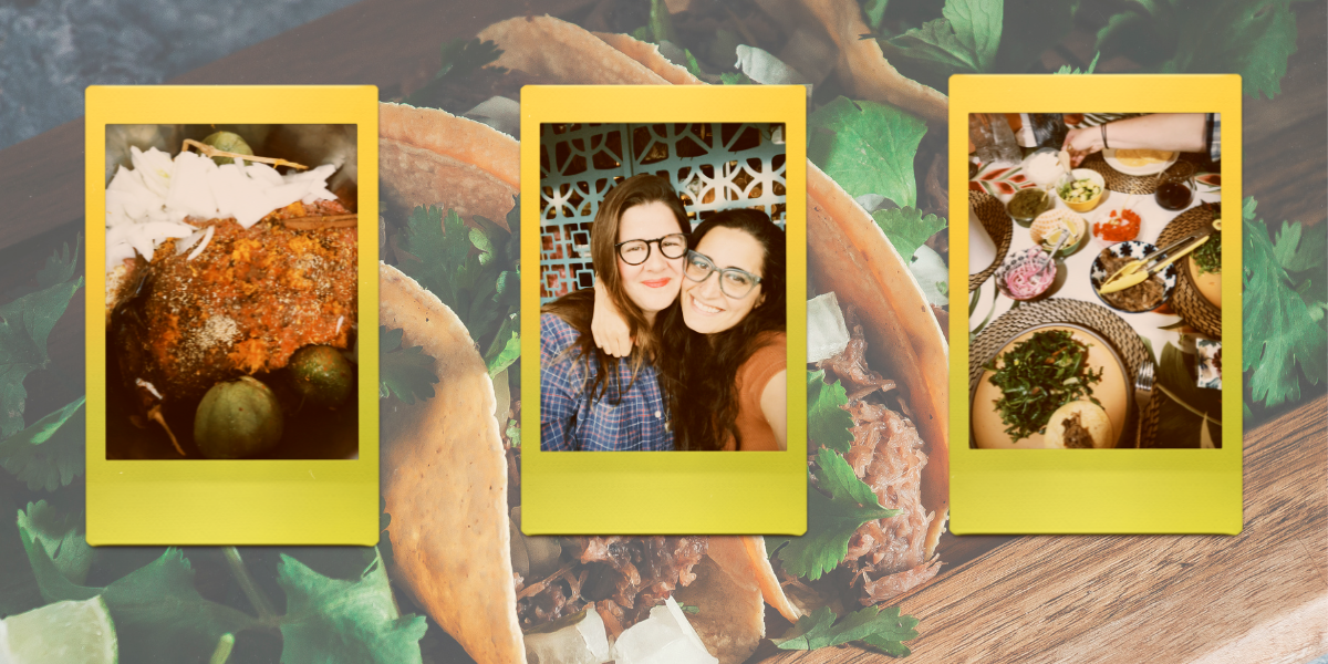 slow-cooking pork, Kayla Kumari Upadhyaya and her fiancé Kristen smiling together, and a spread of pork tacos toppings