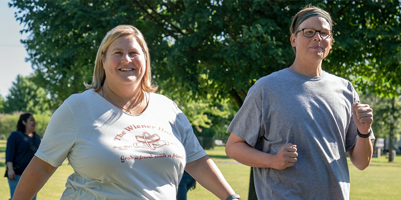 Sam and Joel power-walking