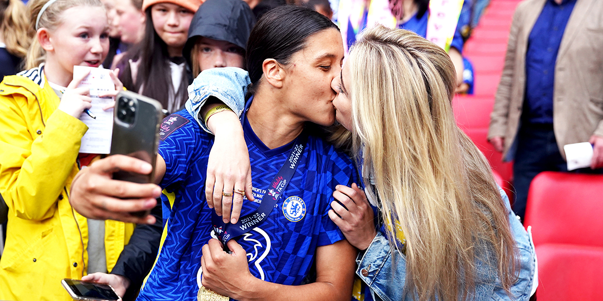 Chelsea's Sam Kerr (left) poses with girlfriend Gotham FC's Kristie Mewis after victory in the Vitality Women's FA Cup Final at Wembley Stadium, London. Picture date: Sunday May 15, 2022.