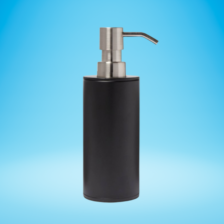 A black soap dispenser with a silver spout is against a light blue background.