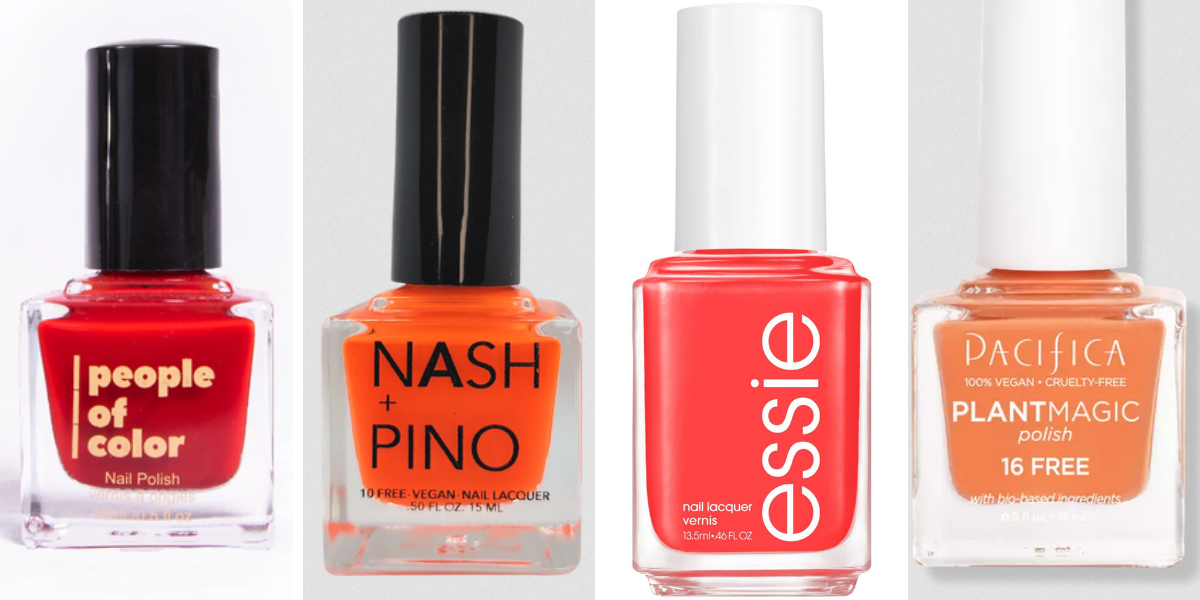 four nail polishes in reds and oranges