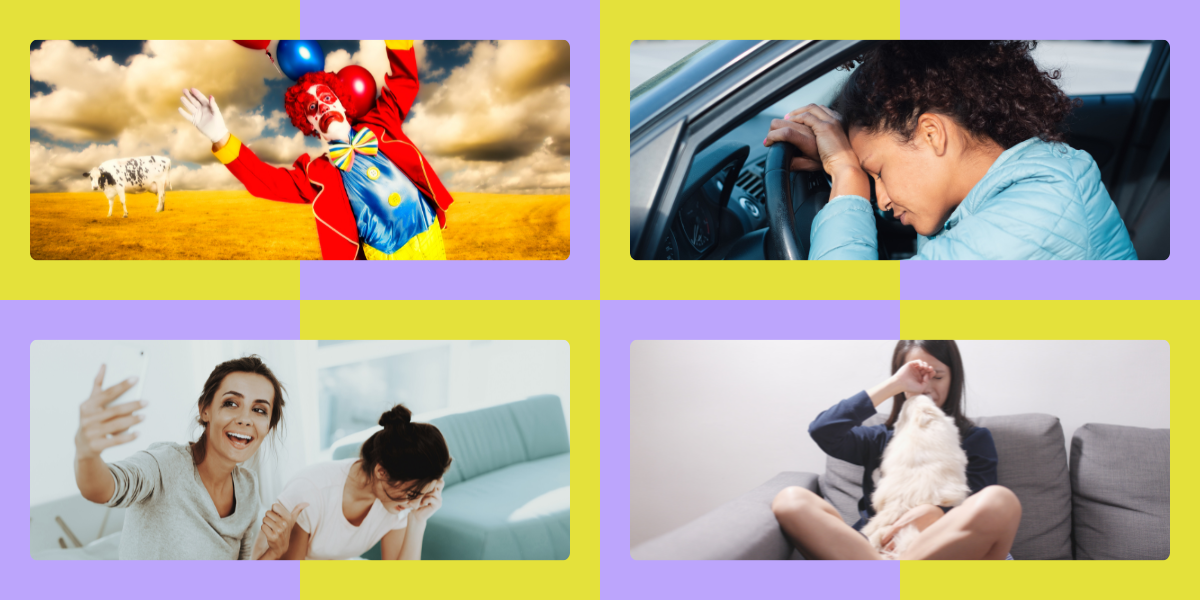 a crying clown, a woman crying on her steering wheel, a woman taking a selfie with a friend while crying, and a woman crying on the couch into her dog