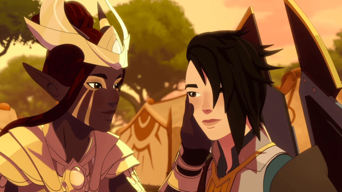 Janai caresses Amay's face in The Dragon Prince season five