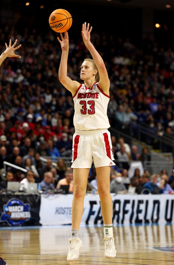BRIDGEPORT, CONNECTICUT - MARCH 28: Elissa Cunane #33 of the NC State Wolfpack takes a shot in the first half against the UConn Huskies during the NCAA Elite Eight game at Total Mortgage Arena on March 28, 2022 in Bridgeport, Connecticut. (Photo by Elsa/Getty Images)