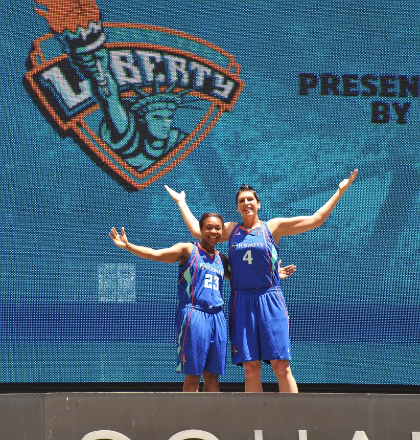 NEW YORK - JUNE 02: Cappie Poindexter and Janel McCarville pose for photos atop the Madison Square Garden marquee to promote new partnership between NY Liberty and Foxwoods at Madison Square Garden on June 2, 2010 in New York City. (Photo by James Devaney/Getty Images)