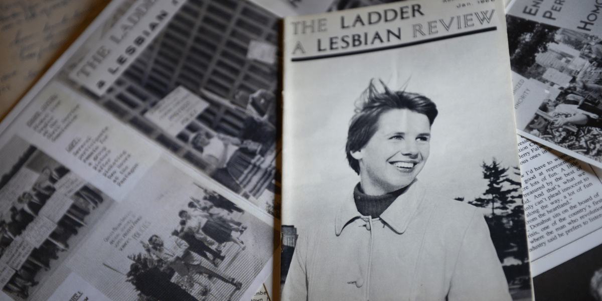 A view of some of Lilli Vincenz memorabilia featuring her as an early gay and lesbian activist in Arlington, VA on June 5, 2013. Vincenz was an early LGBT activist in the 60's and 70's and has donated much of her activism memorabilia to the Library of Congress. Shown is some of her personal memorabilia which includes a photo of her with Phil Donahue and pictures of her and others rallying for equal rights for homosexuals.