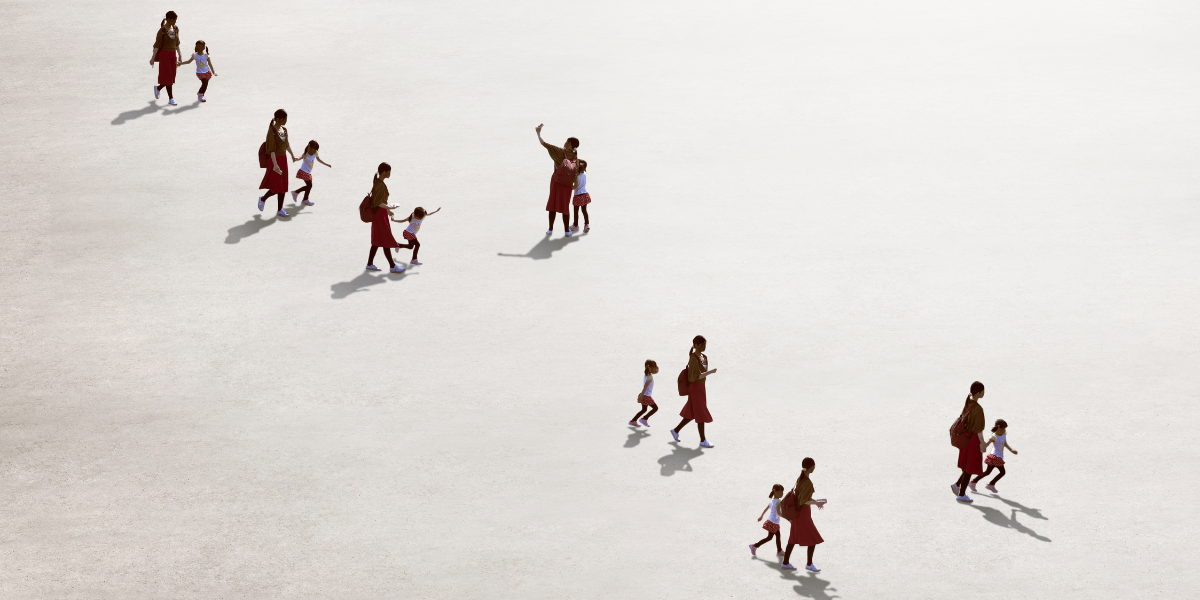 cartoon image of a mother and daughter walking around together