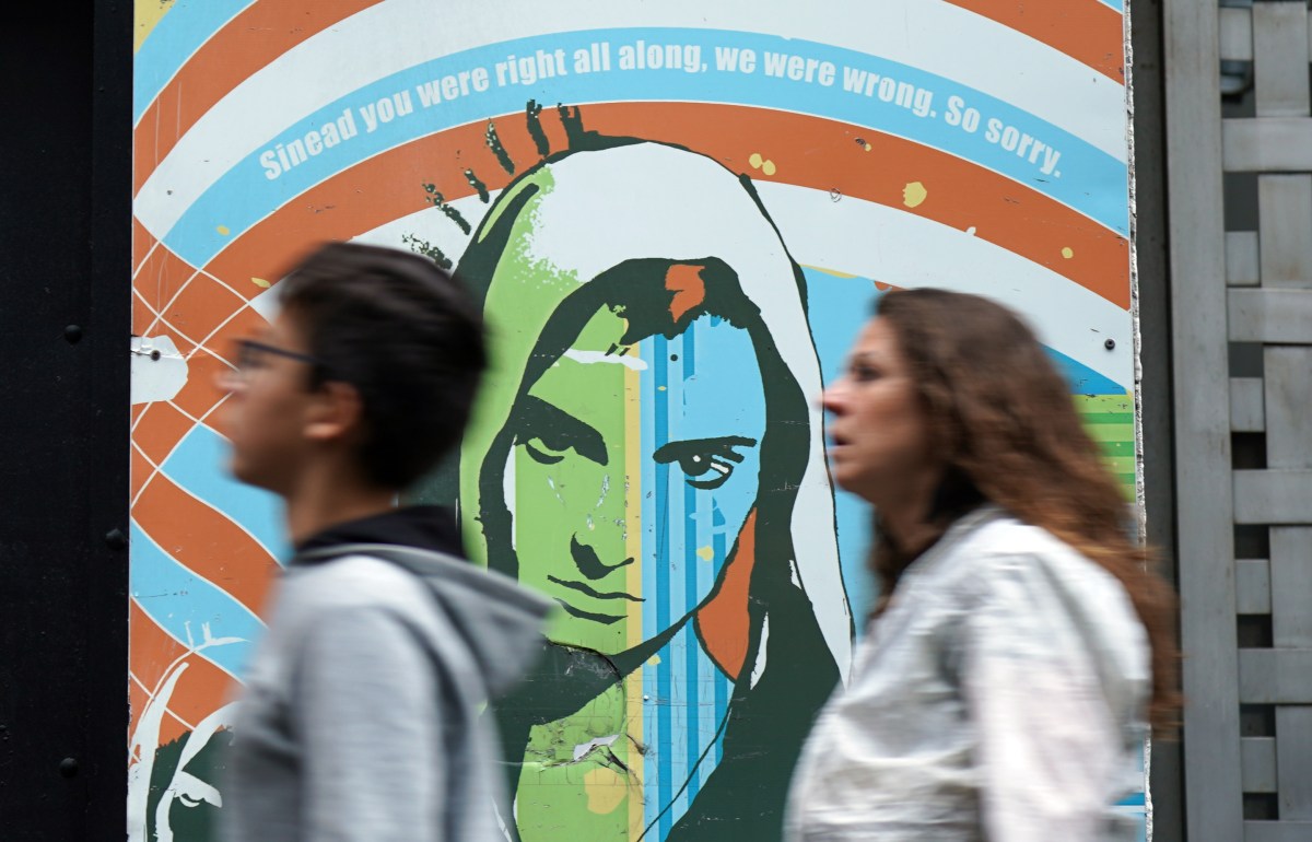 An artwork featuring Sinead O'Connor at the Hard Rock Cafe in Dublin. The Irish singer best known for her hit single Nothing Compares 2 U, has died aged 56. Picture date: Wednesday July 26, 2023. (Photo by Niall Carson/PA Images via Getty Images)