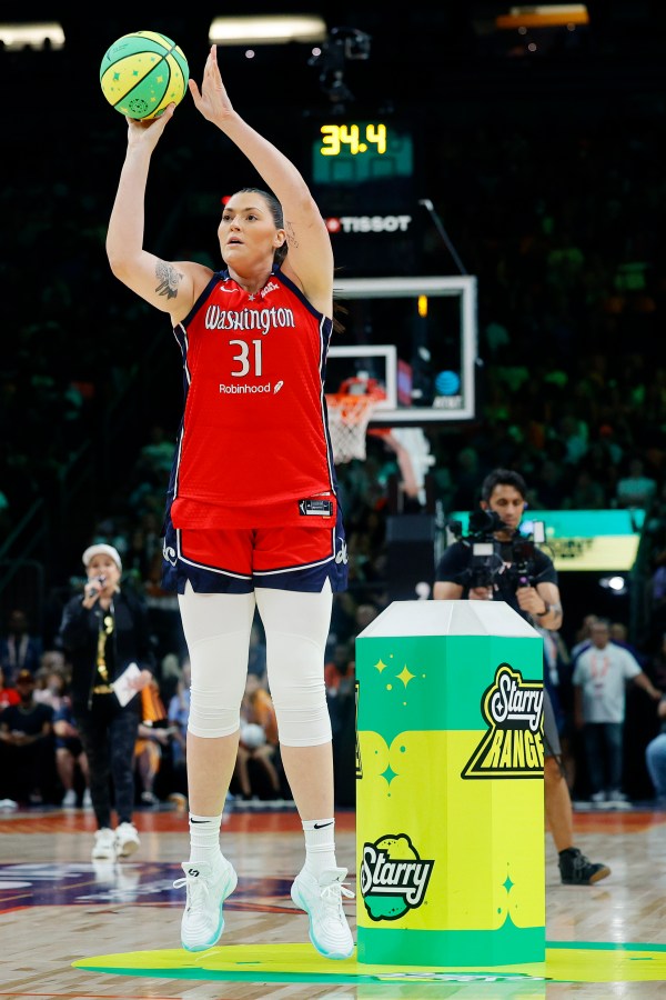 PHOENIX, ARIZONA - JULY 19: Stefanie Dolson #31 of the Washington Mystics shoots the ball during 3-Point Contest ahead of the 2024 WNBA All-Star Game at Footprint Center on July 19, 2024 in Phoenix, Arizona. NOTE TO USER: User expressly acknowledges and agrees that, by downloading and or using this photograph, User is consenting to the terms and conditions of the Getty Images License Agreement. (Photo by Alex Slitz/Getty Images)