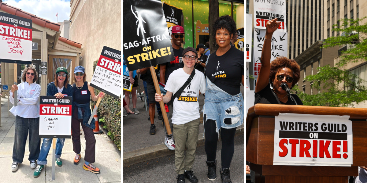 Left to right: Illene Chaiken, Kate Moening, and Leisha Hailey from The L Word all hold L word themed protest signs; Peppermint and Elliot Page protest together; Wanda Sykes gives a protest speech