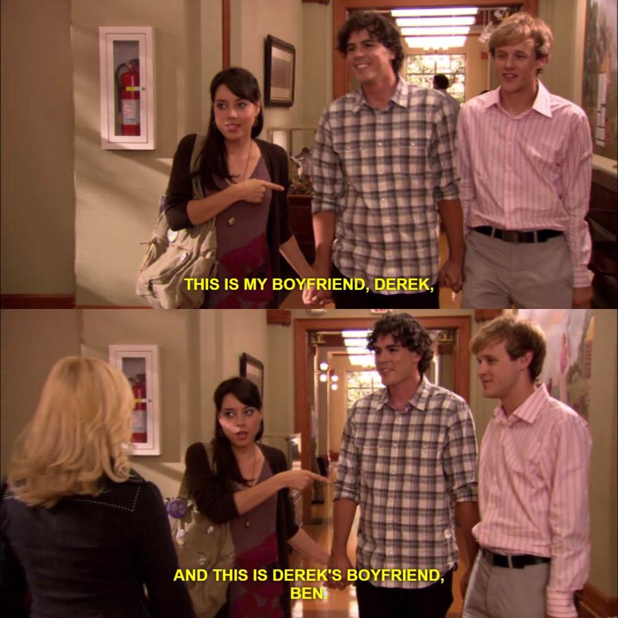 a meme showing two screen shots from Parks and Rec the show. April is talking to Leslie and holding the hand of one boy who is holding the hand of a nother boy. She says "This is my boyfriend, Derek" and then in the next shot "And this is Derek's boyfriend, Ben."