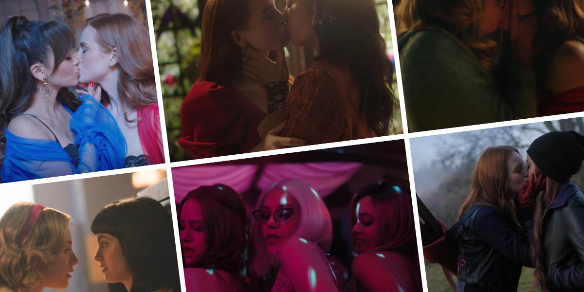 Toni and Cheryl kissing, Cheryl and Minerva kissing, Betty and Cheryl kissing, Betty about to kiss Veronica, Cheryl and Toni and Hermosa dancing, and Cheryl and Toni kissing amid an archery field.