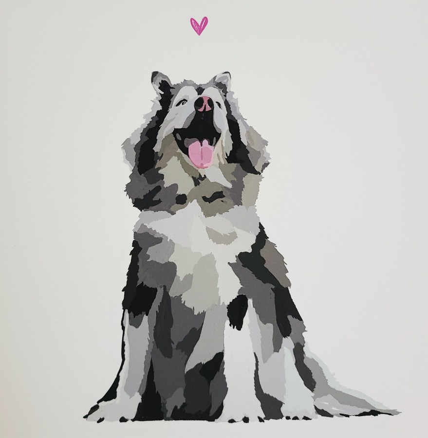 a painting of Mya, a gorgeous floofy malamute mix doggo