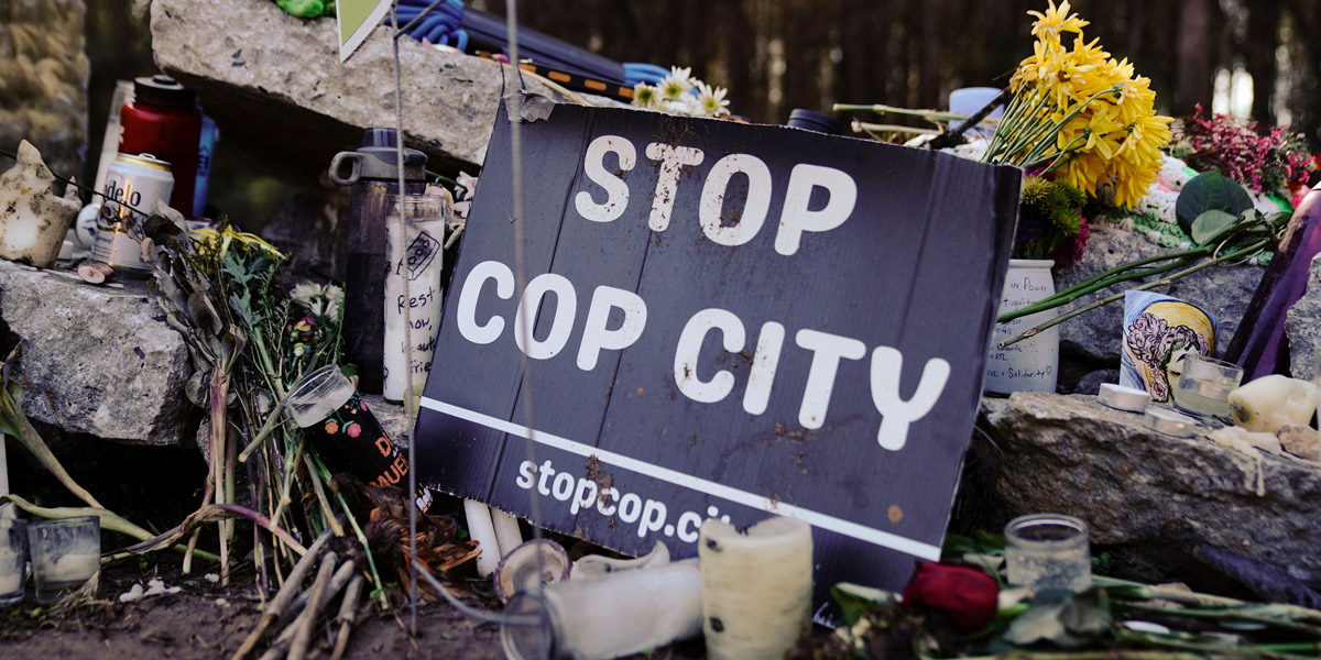 A makeshift memorial for environmental activist Manuel Teran, who was deadly assaulted by law enforcement during a raid to clear the construction site of a police training facility that activists have nicknamed "Cop City" near Atlanta, Georgia on February 6, 2023.