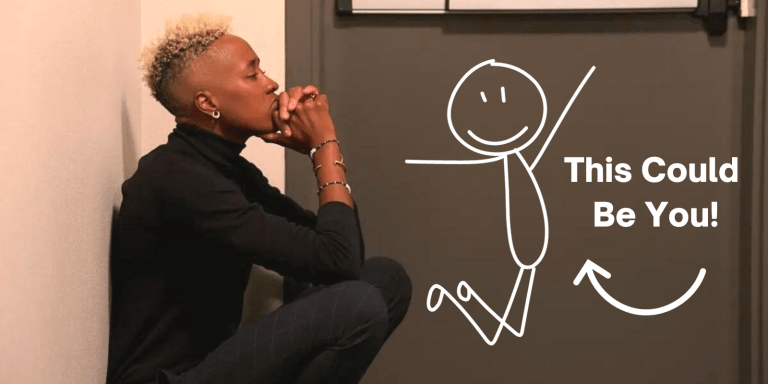 Mal from the Ultimatum Queer Love sits next to a door, The Ultimatum Queer Love Season Two is casting now, and there is a stick figure drawn over the image that says "this could be you"