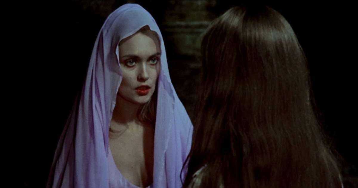 a woman in a cloak in the lesbian vampire movie The Blood Spattered Bride