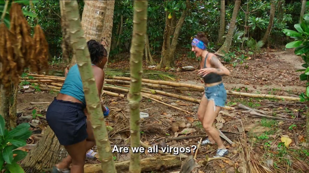 Survivor Season 45 contestants Katurah Topps and Kendra McQuarrie look at each other excitedly, asking, “Are we all virgos?