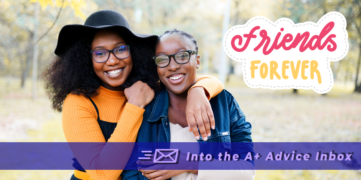 an image of two black women embracing. text reads friends forever. and then also