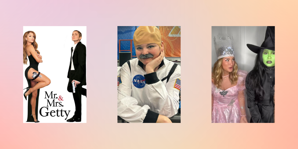 Gigi Gorgeous and Nats Getty dressed as Mr. and Mrs. Smith, Meg Stalter dressed as an astronaut, and Hayley Kiyoko and Becca Tilley dressed as Glinda and Elphaba from Wicked