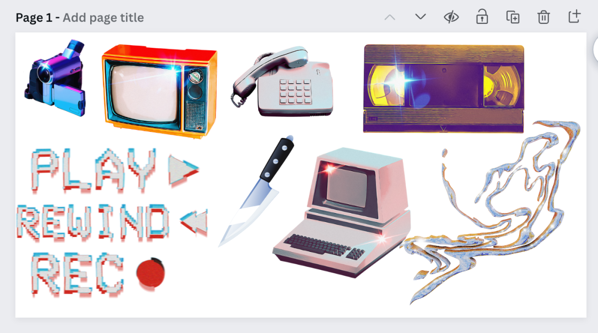 a screenshot of a Canva project with stickers of retro cam corders, televisions, VHS tapes, a computer, a knife, a phone, and play, reqind, record stamps
